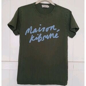 Maison Kitsune Script Handwriting T-Shirt Men's Medium Green Slim Short Sleeve *